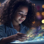A young biracial girl, one side of her face illuminated by the glow of a holographic tablet displaying educational content, symbolizing the seamless integration of technology into everyday learning experiences. Realistic, cinematic photo, photography, cinematic tones --ar 16:9 --v 5.2 Job ID: c67f07be-989c-4825-a5ec-b8b7cbedd774